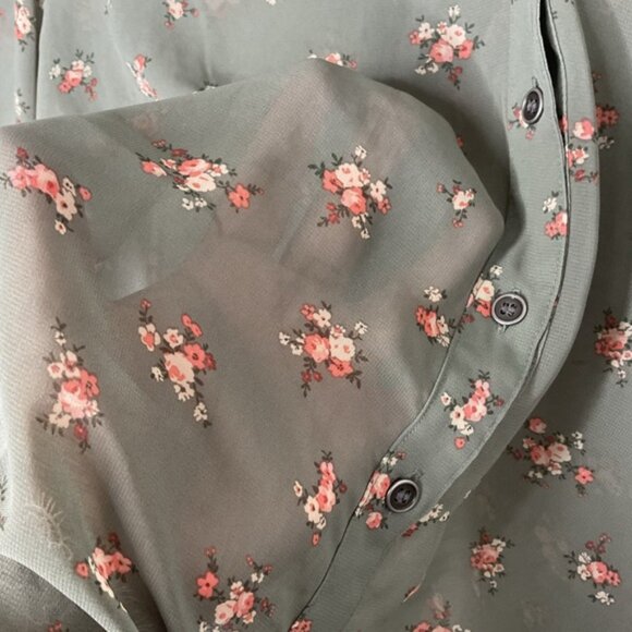 Sheer Cottagecore Floral Blouse with Lace Trim | Button-Down Long Sleeve Top | L - Picture 5 of 9
